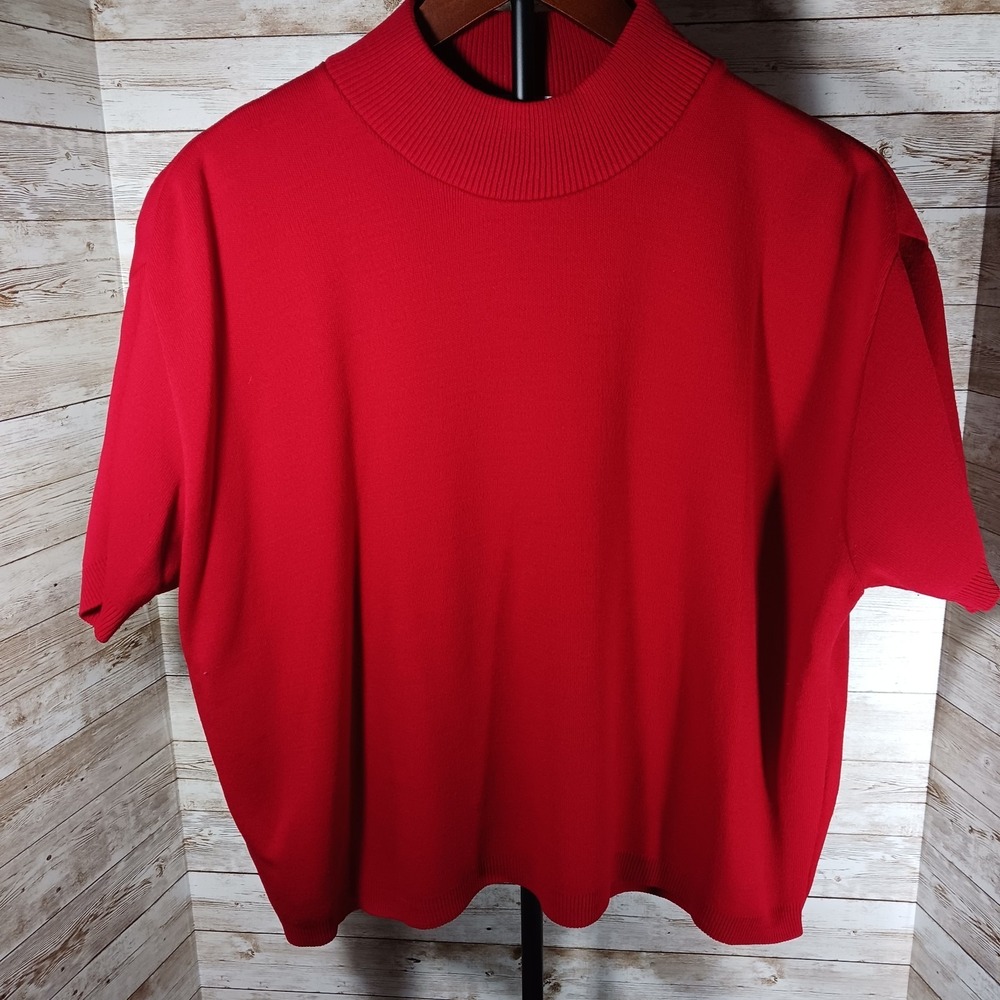 Karen Lessly Mock Turttleneck Red Sweater Short Sleeve Sz XL